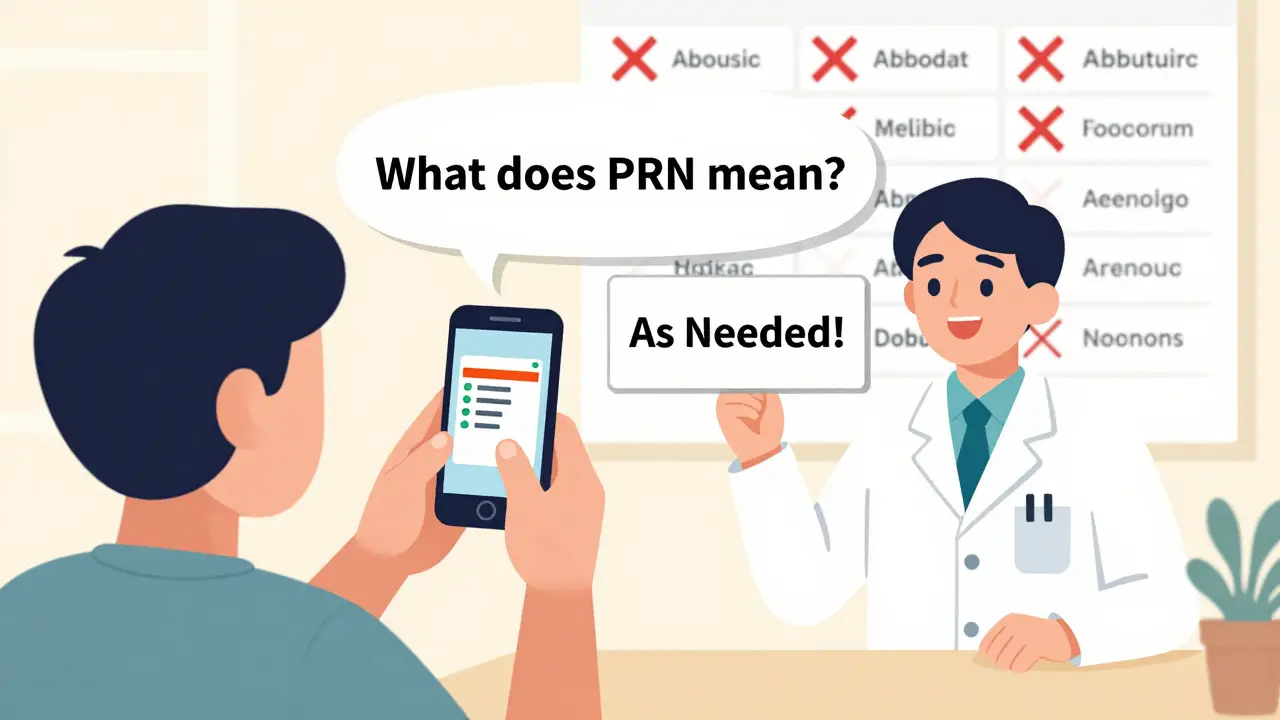 Patient photographing prescription label while pharmacist explains 'PRN' means 'as needed' in friendly setting.
