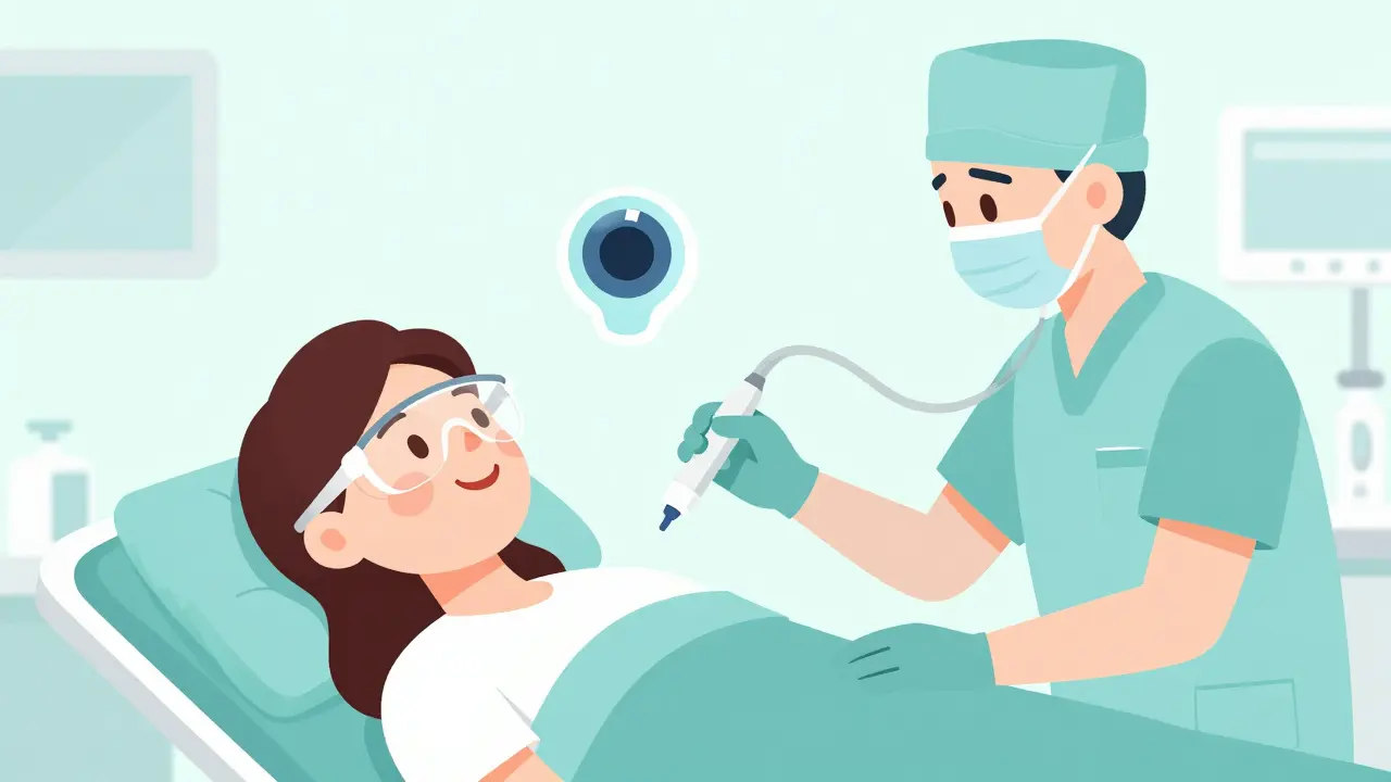 Patient undergoing cataract surgery with a surgeon using a tiny probe and a foldable lens nearby.