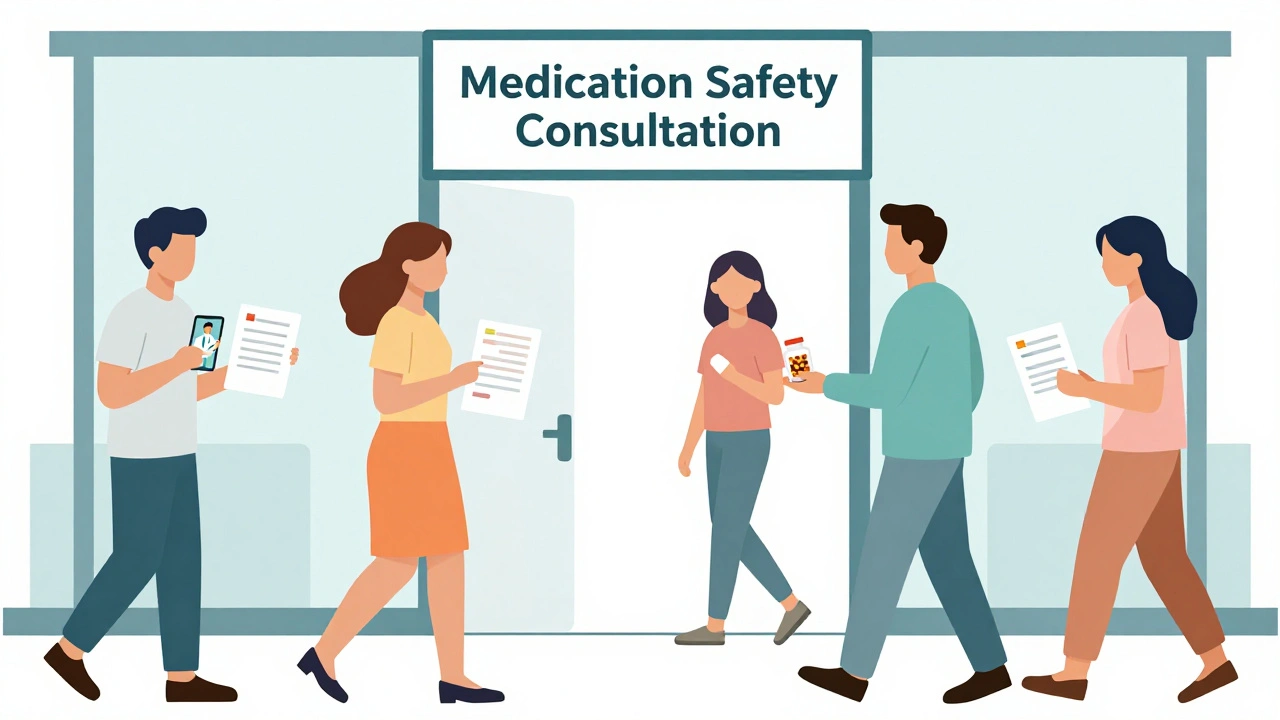 People entering a pharmacy for a medication safety consultation, including a video call.