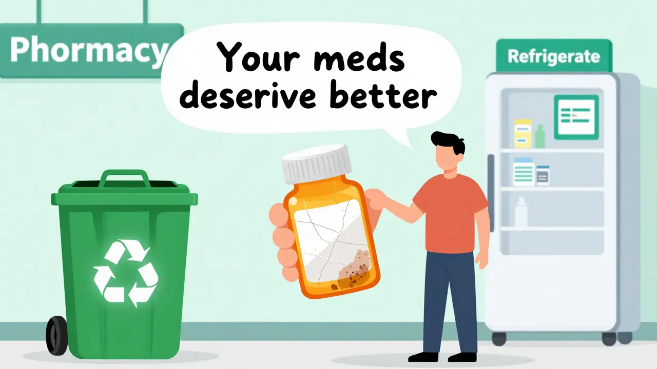 Person discarding degraded pills beside a drug take-back bin and proper storage options