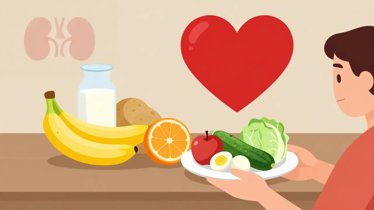 Person eating safe low-potassium foods while high-potassium items are being removed, with a protective kidney symbol above.