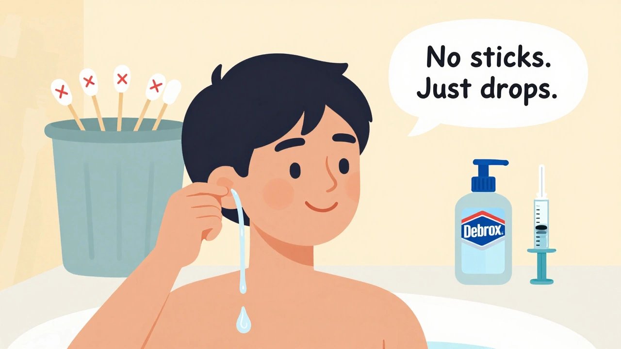 Person showering as softened earwax drains safely, cotton swabs discarded nearby.