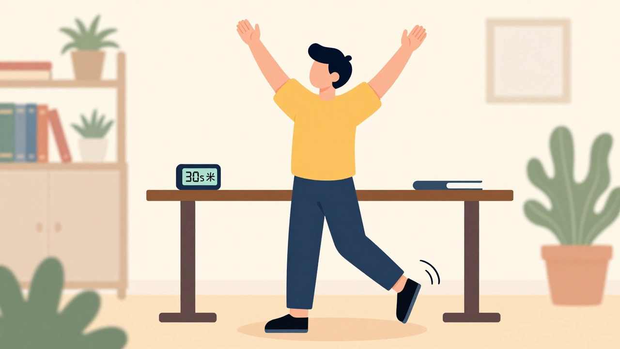 Person standing and stretching during a microbreak at a sit-stand desk, showing relaxed movement.