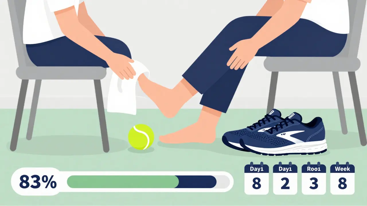 Person stretching foot with a towel while a tennis ball rolls under the arch and supportive shoes sit nearby.