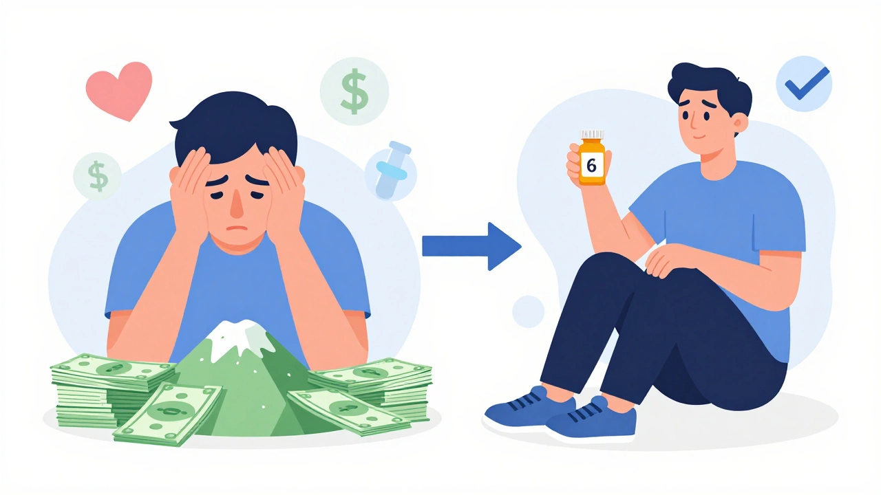 Person transformed from stressed over bills to relaxed with cheap meds and running shoes.