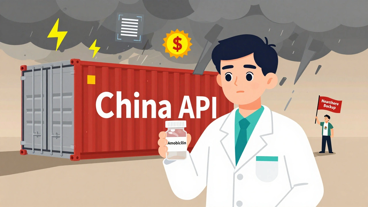 Pharmacist facing an empty bin as a shipping container from China is blocked by storms and tariffs.