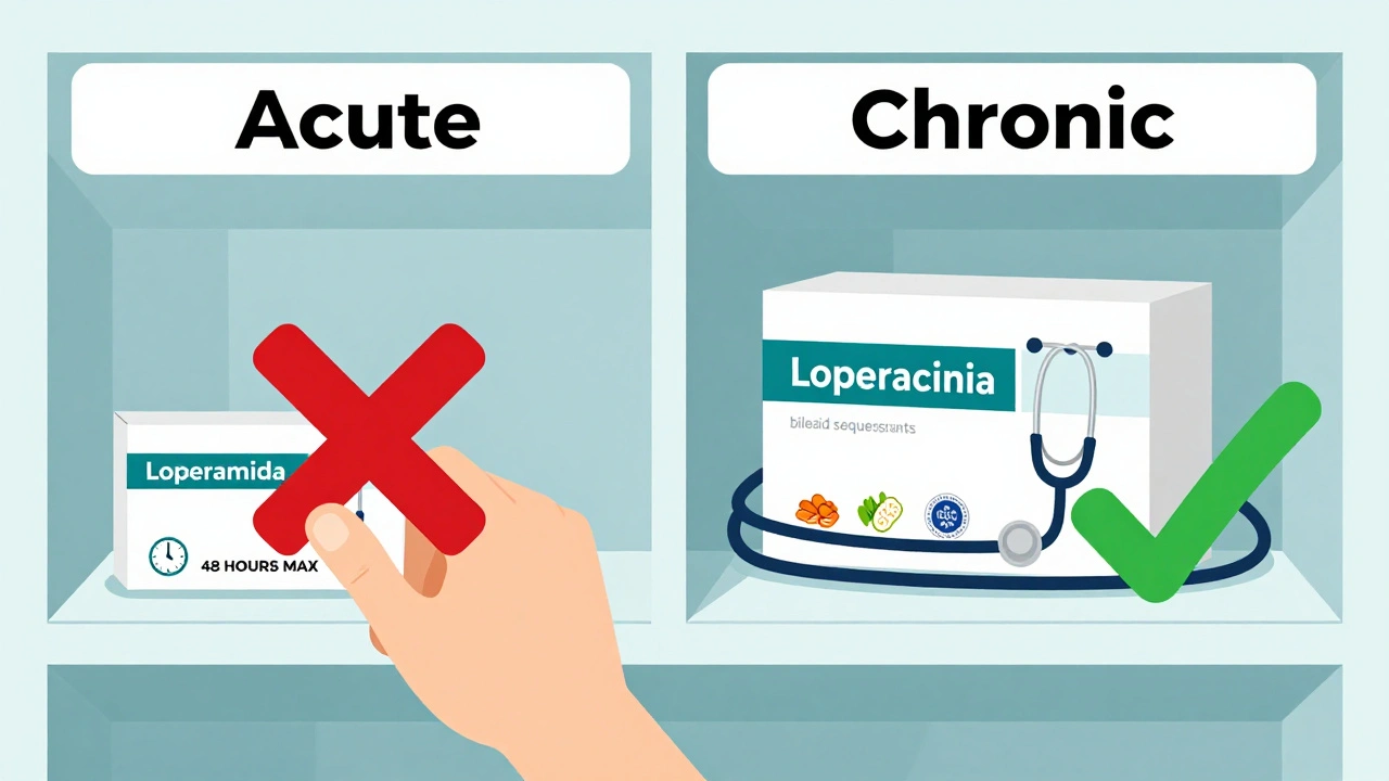 Pharmacy shelf divided between short-term and long-term diarrhea treatments