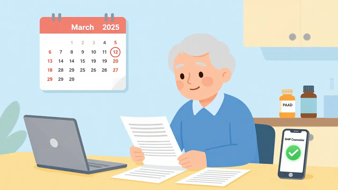 Retiree at kitchen table with Medicare website and SHIP counselor phone, calendar marked March 2025.