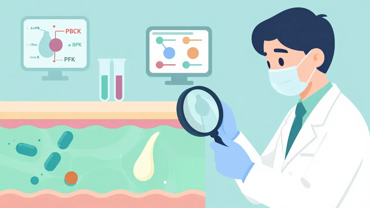 Scientist examining two creams under magnification, one penetrating skin layers, the other not.