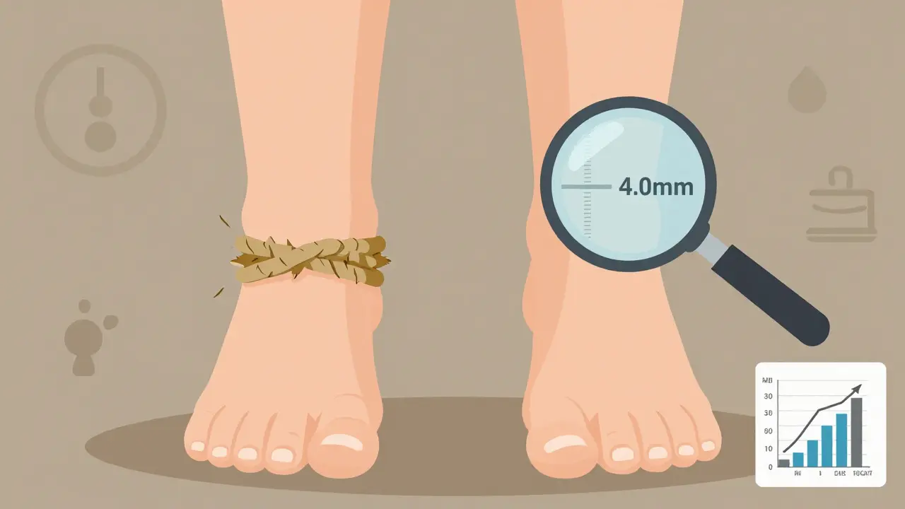 Side-by-side comparison of healthy and damaged plantar fascia with measurement indicators.
