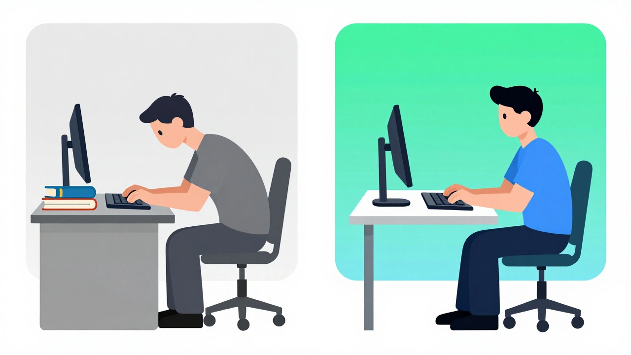 Side-by-side comparison of poor vs. proper ergonomic workstation setups with visual posture differences.
