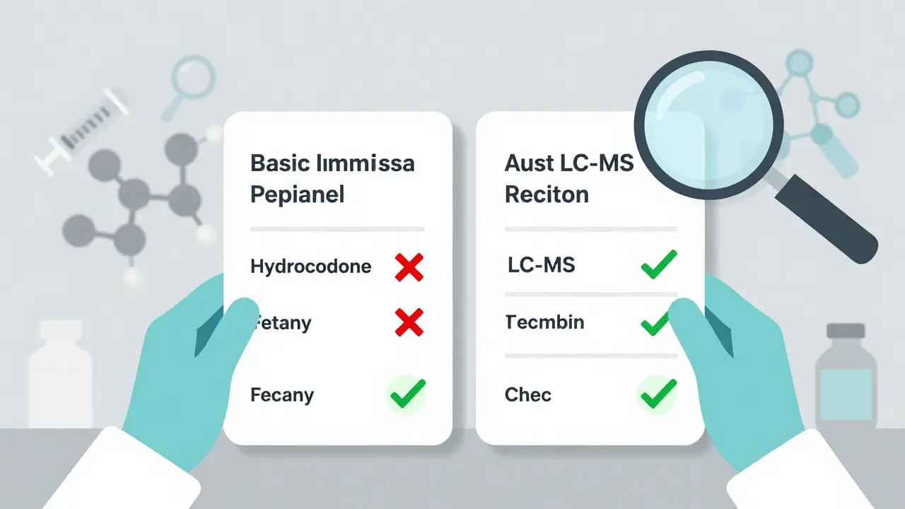 Side-by-side urine test results showing basic vs. advanced detection of opioid drugs.