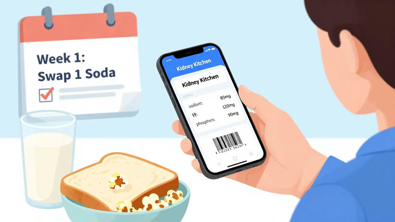 Someone using a kidney-friendly app to scan food, with healthy renal diet options displayed nearby.