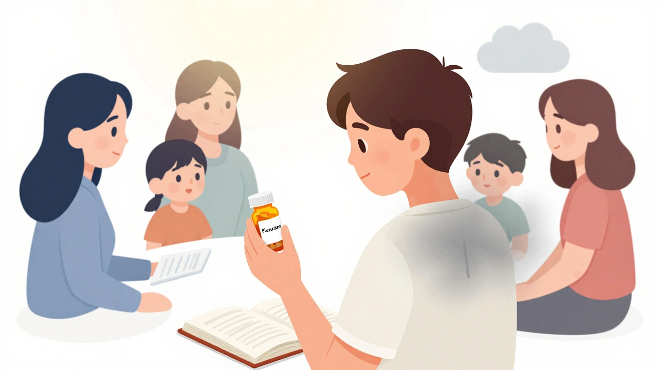 Teen holds medication as fog clears, family engaged in supportive therapy circle.