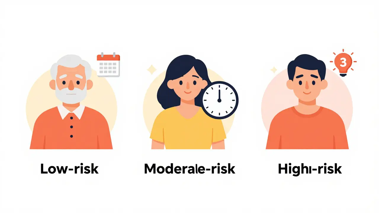 Three patient risk levels illustrated with icons for testing frequency and specimen validity flags.