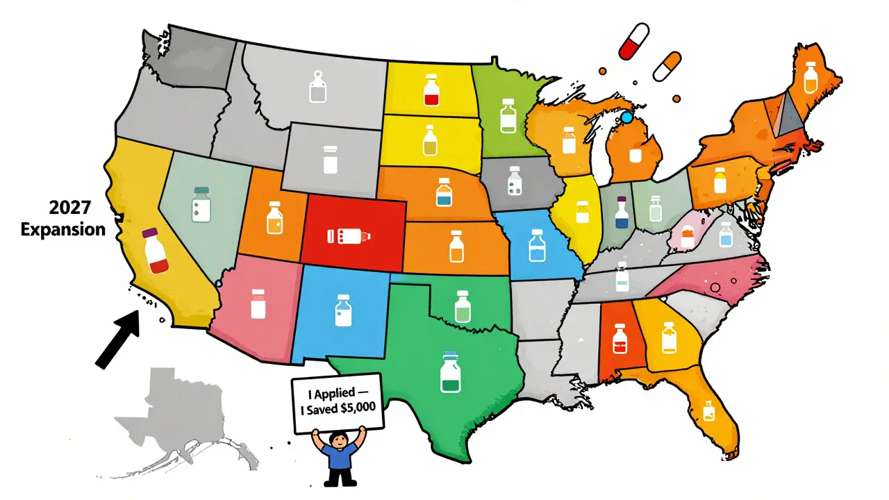 U.S. map showing states with drug assistance programs, expanding toward California, Texas, and Florida.