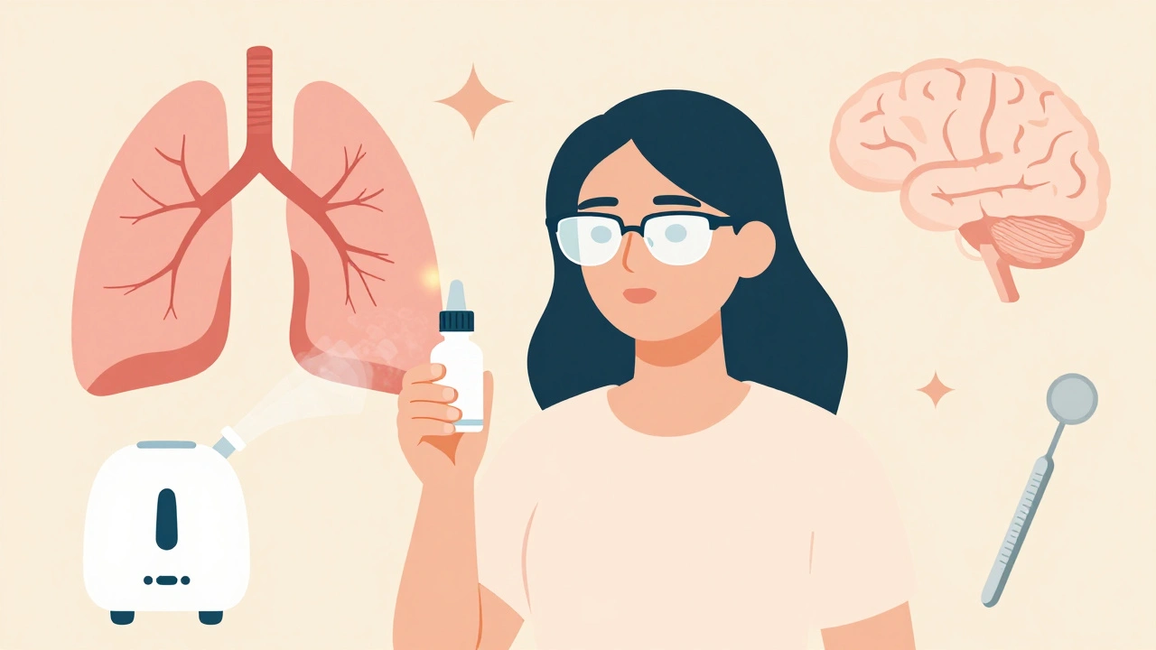 Woman managing Sjögren’s with humidifier, glasses, and dental tools in quiet daily routine