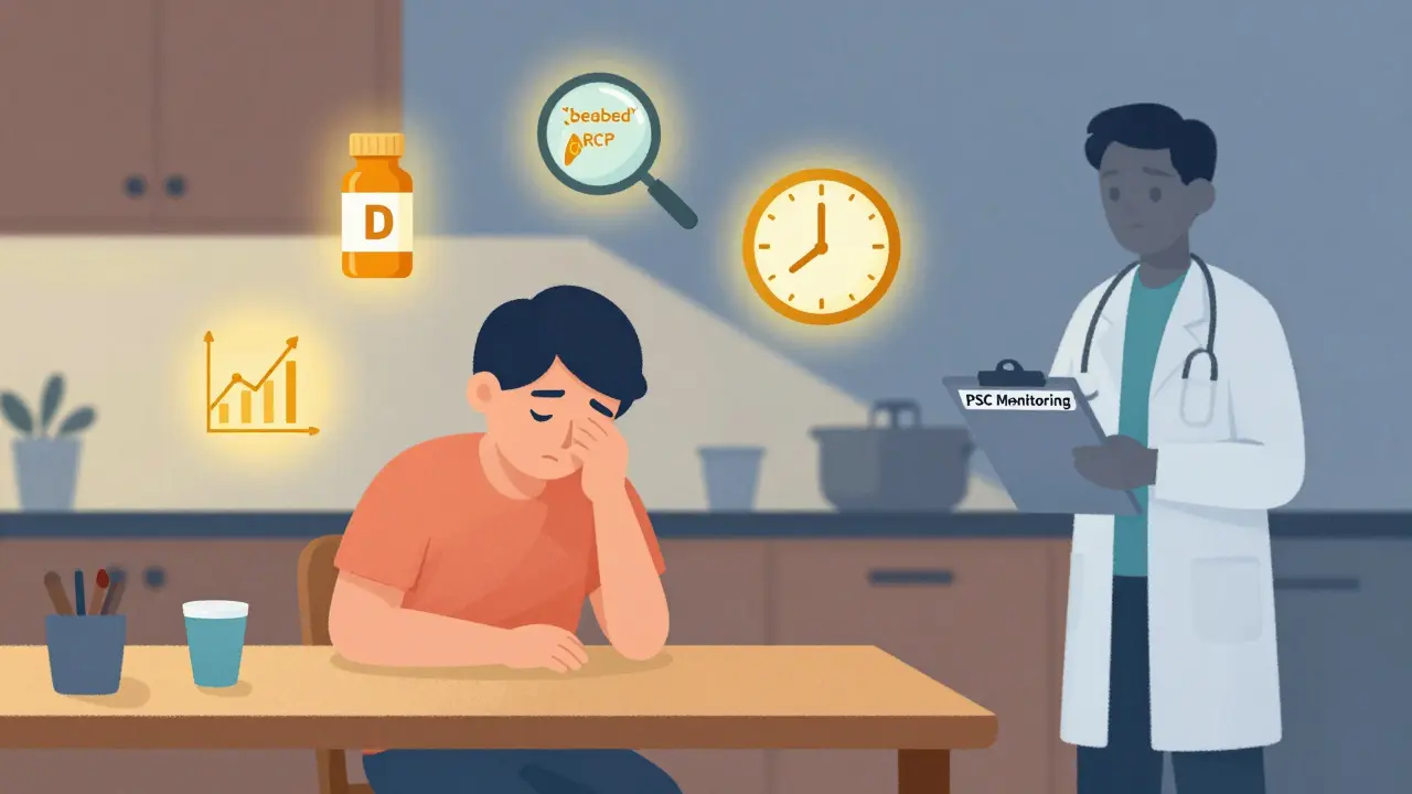 A fatigued patient surrounded by PSC-related icons: vitamins, liver tests, and an MRCP scan.