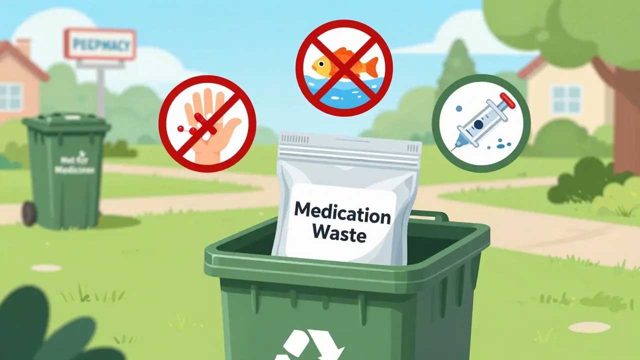 A sealed bag of expired medication in a trash bin, with hazards like children and contaminated water crossed out.