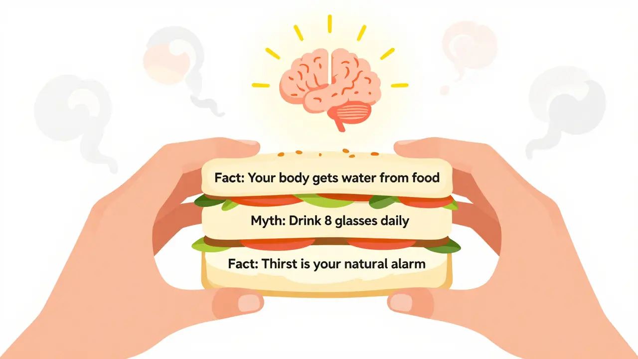 A truth sandwich with fact, myth, fact layers, and fading health myths in background.