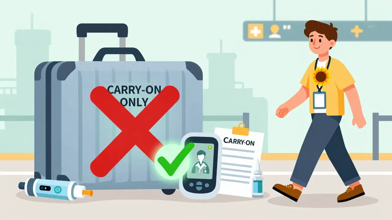 Carry-on bag with medical devices and doctor’s note, checked luggage marked with red X.