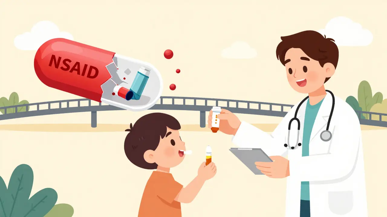 Child receiving NSAID dose as pill reveals asthma and polyps, symbolizing desensitization breakthrough.