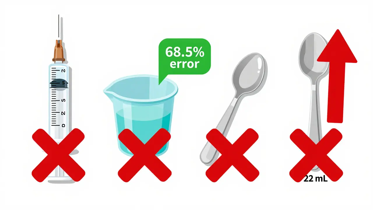 Comparison of medicine measuring tools: syringe accurate, other tools marked with error signs.