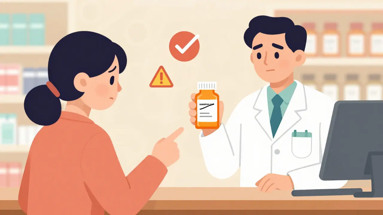 Customer and pharmacist comparing pill labels at a pharmacy counter, one with a crooked label, one correct.