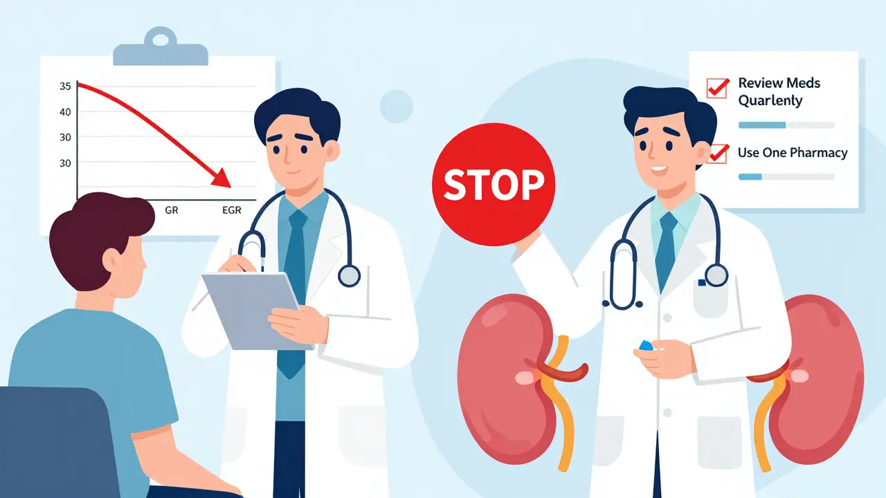 Doctor adjusting metformin dose to safe SGLT2 inhibitor as kidney health improves