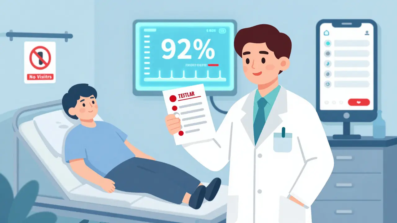 Doctor holding blood test as patient enters isolation room with genetic test screen visible