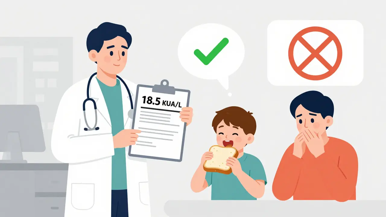 Doctor showing a lab report with high peanut IgE result while a child eats peanut butter safely.