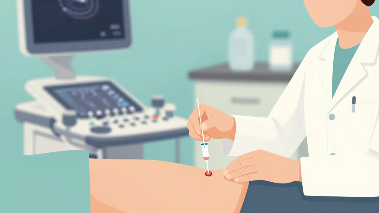 Doctor using ultrasound to guide needle for fluid drainage from chest
