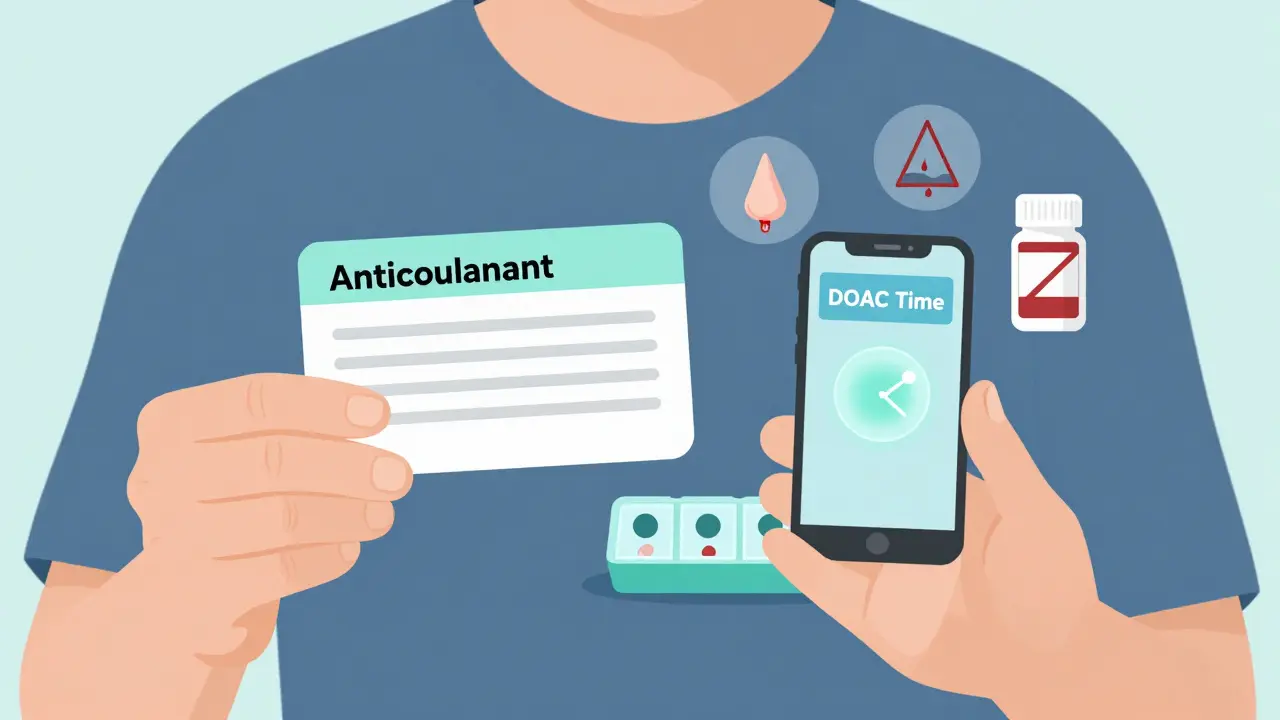 Elderly person with pill organizer and anticoagulant alert card, safety icons nearby