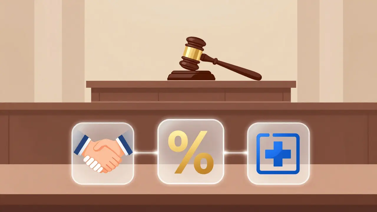 Empty courtroom with handshake, royalty symbol, and cross-license icons floating above.