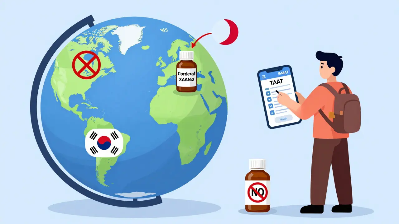 Globe showing banned medications in other countries, traveler using TSA app with CBD oil rejected.