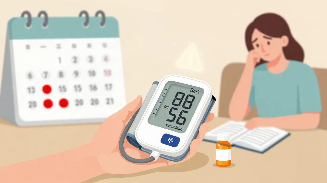 Hand holding blood pressure cuff showing low reading next to ARNI pill bottle with 14-day monitoring calendar