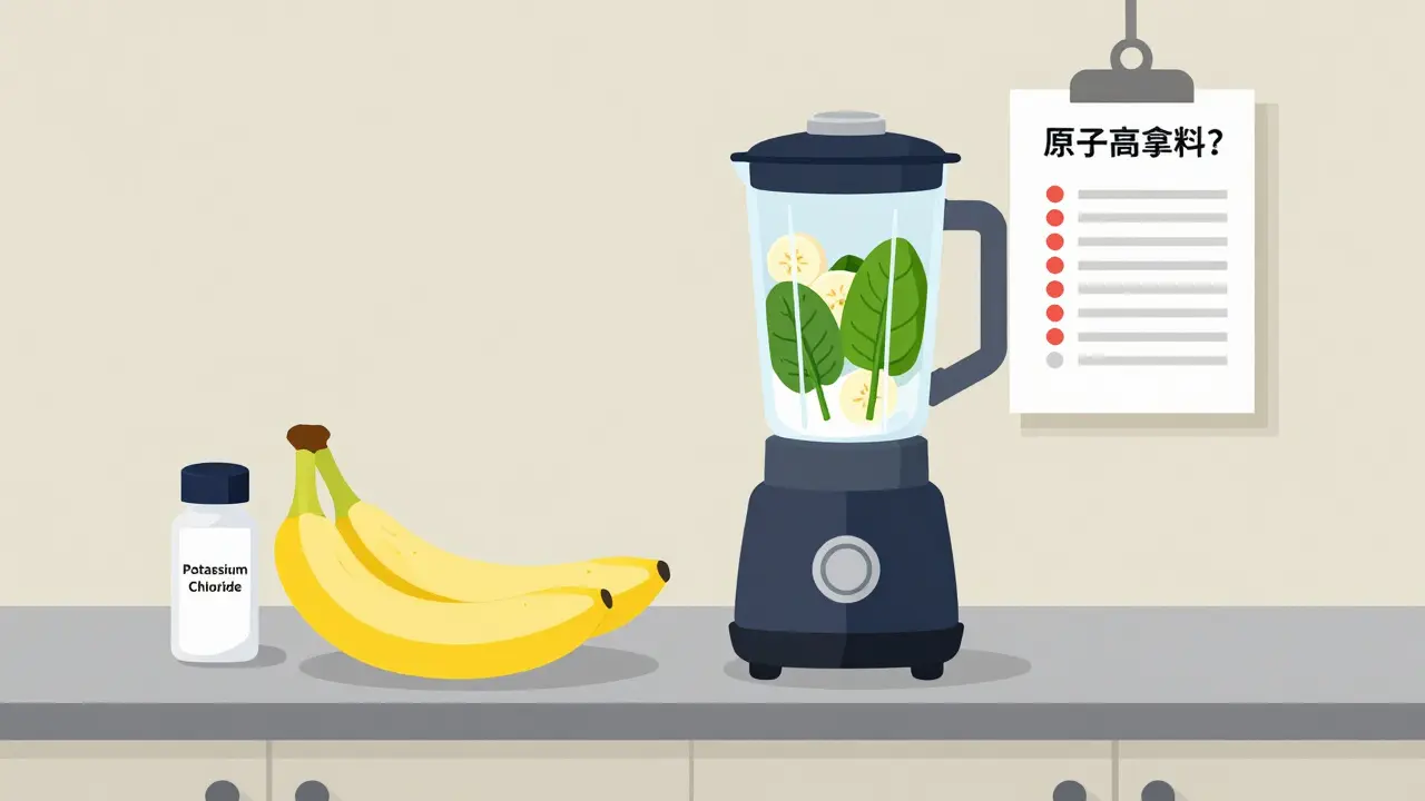 Kitchen counter with smoothie, salt substitute, and medical chart showing high potassium