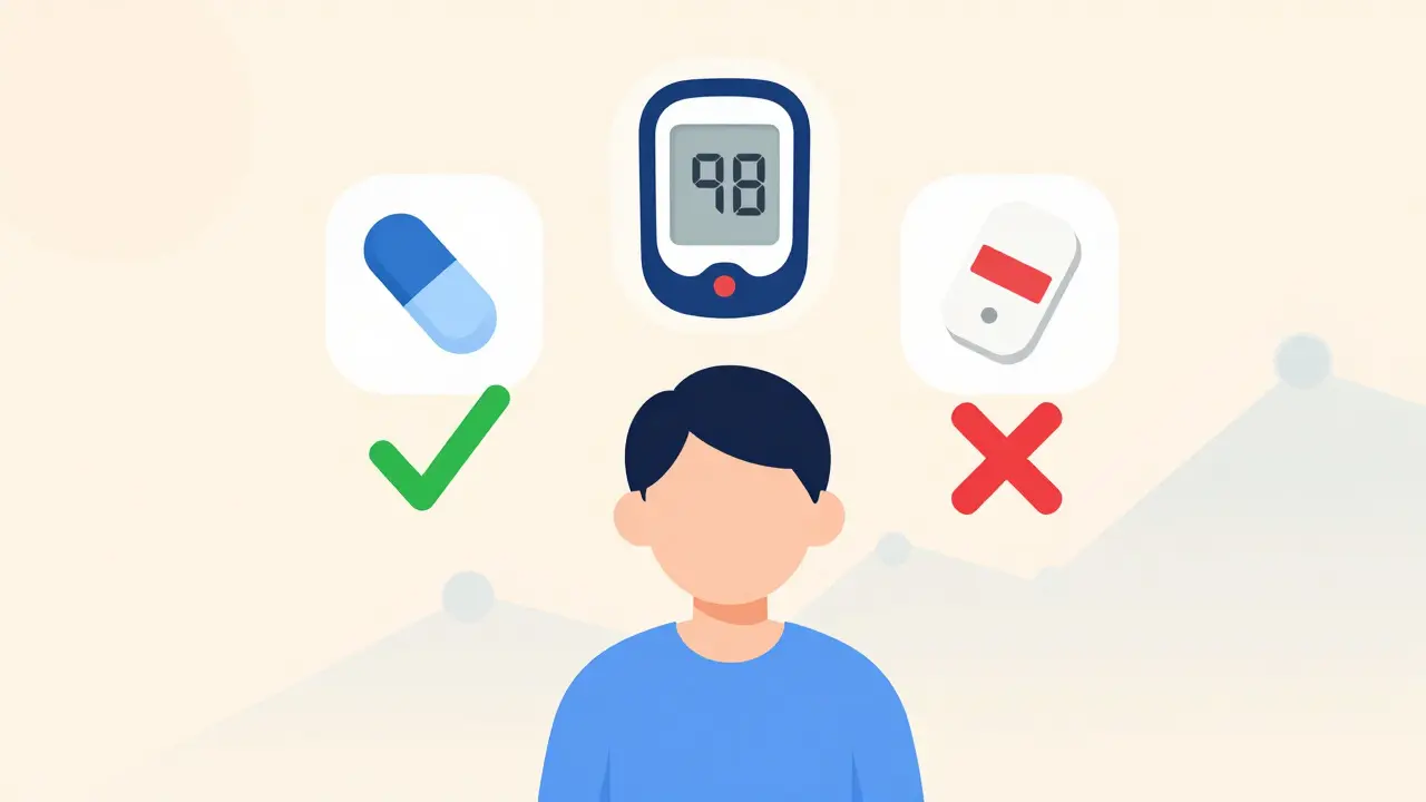 Medical safety dashboard with pill, CGM, and glucose tablet protecting against hypoglycemia.