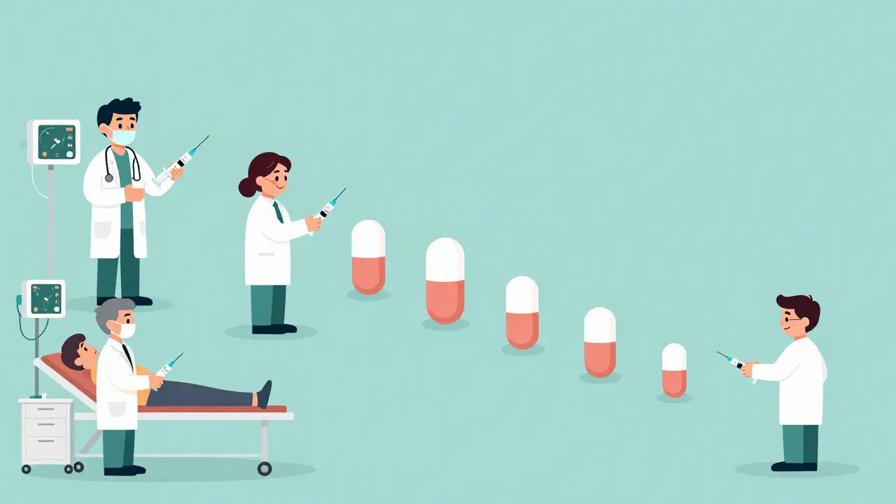 Medical team administering gradual drug doses in hospital, with rising pill sizes and monitors.