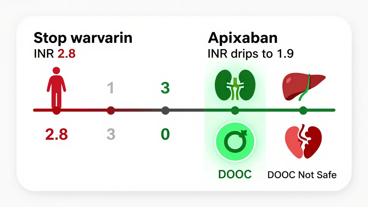 Medical timeline showing safe transition from warfarin to DOAC based on INR levels