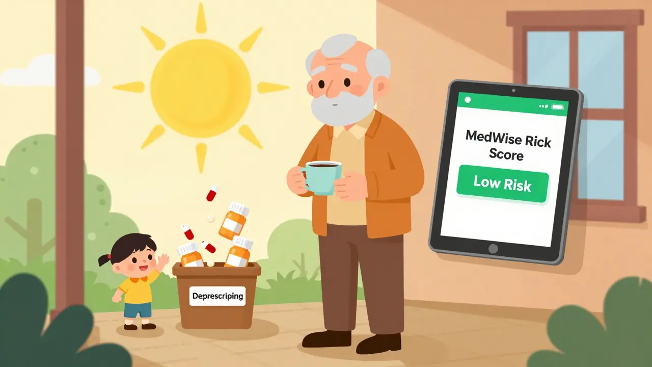 Older adult enjoying tea on porch, pill bottles disappearing behind them.