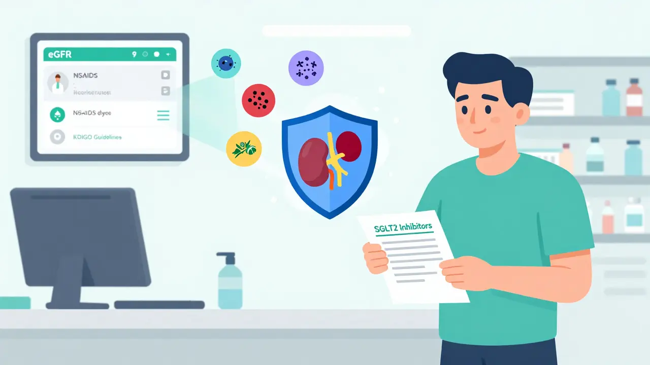 Patient and pharmacist reviewing meds with digital eGFR alerts and nephrotoxins being removed
