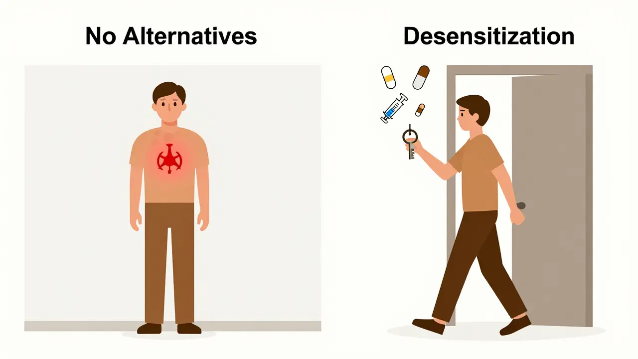 Patient choosing desensitization over blocked alternatives, with drug icons symbolizing life-saving treatment options.
