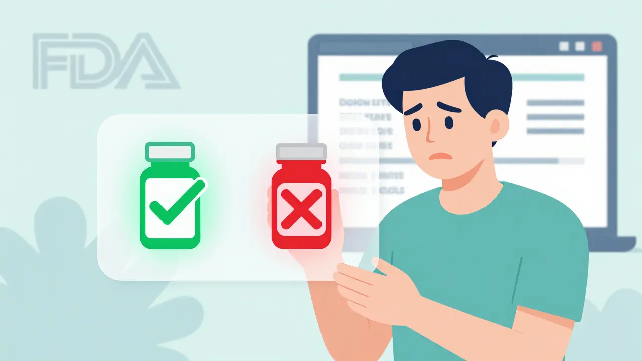 Patient holding pill with transparent overlay showing safe and unsafe batches