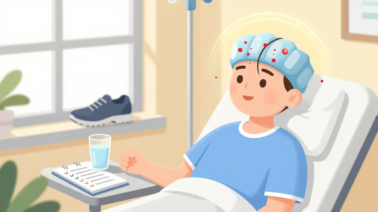 Patient receiving IV chemotherapy with a scalp cooling cap, surrounded by wellness items like water, notes, and shoes.