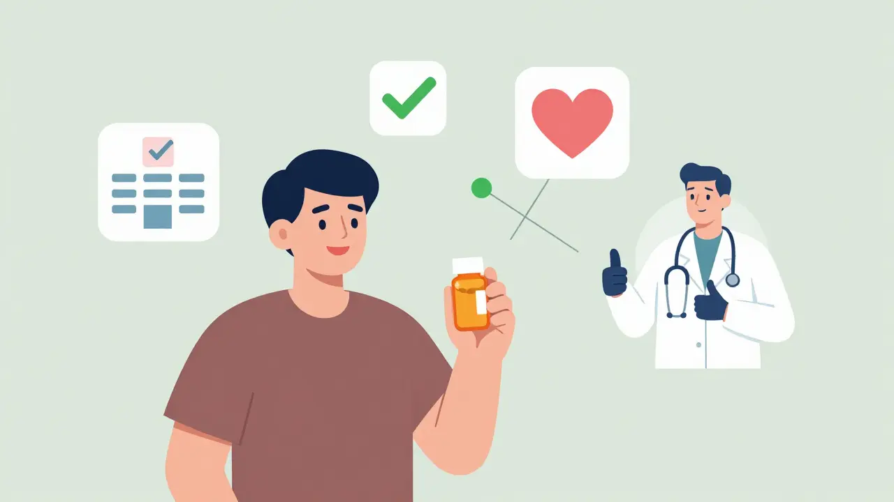 Patient smiling with pill bottle, surrounded by icons showing health benefits and high adherence rates.
