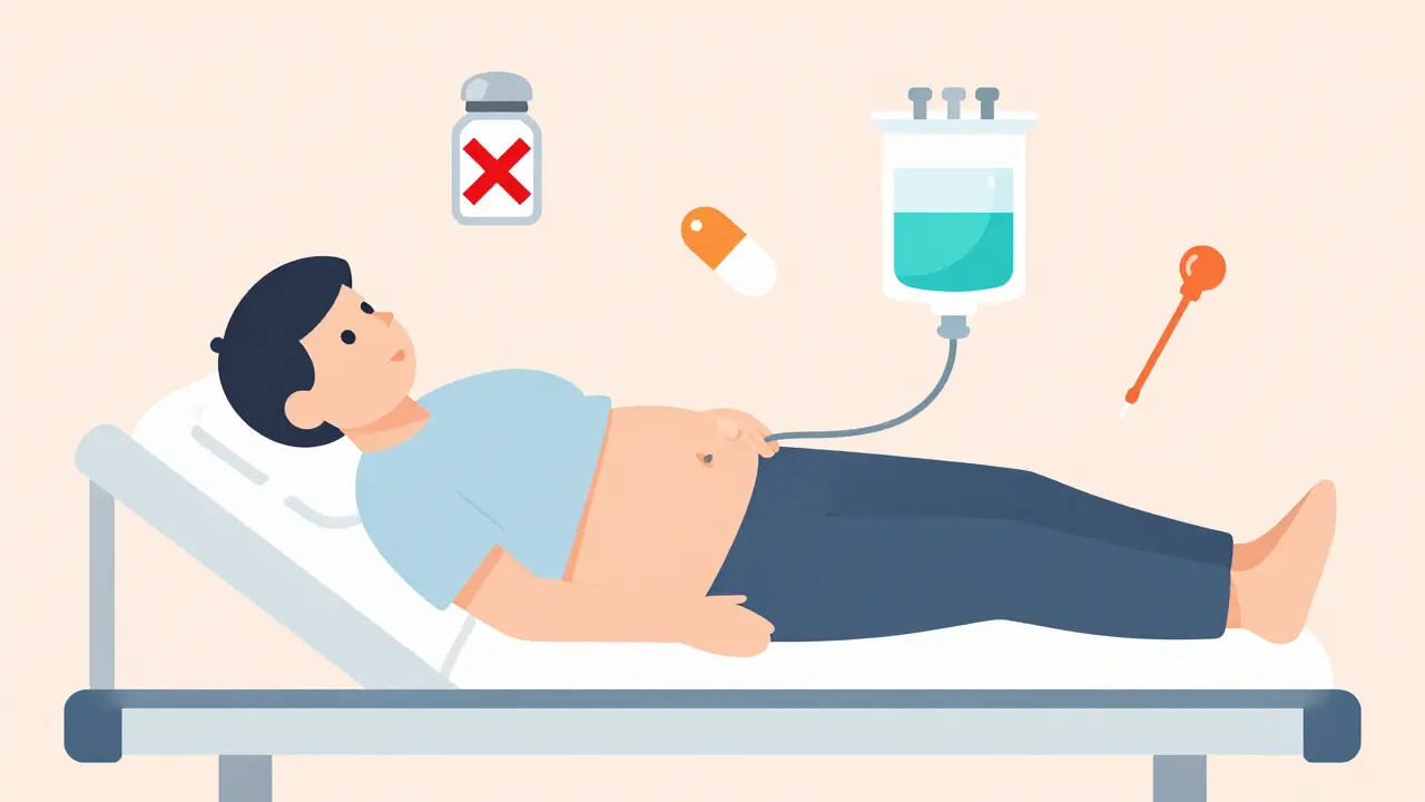 Patient with ascites surrounded by medical icons: salt, diuretic, drainage needle, and TIPS stent.
