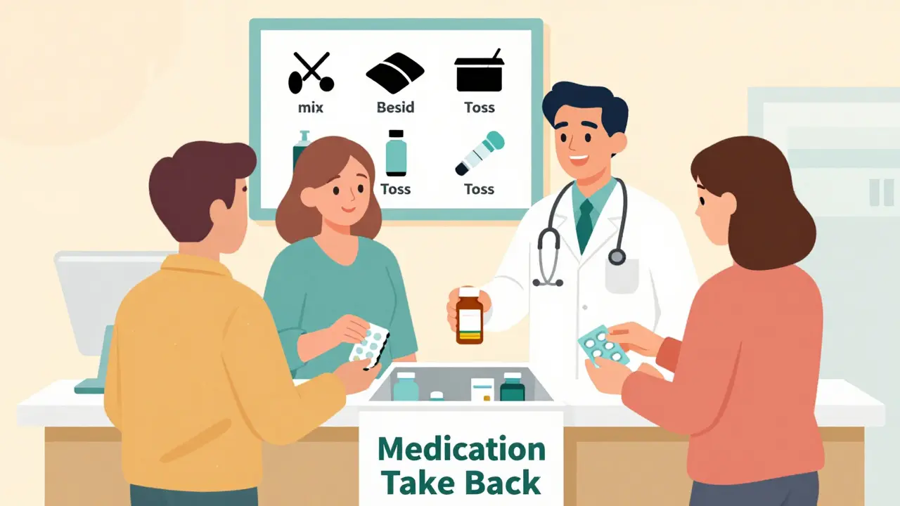 People dropping off expired medicines at a pharmacy counter with a clearly marked take-back bin.