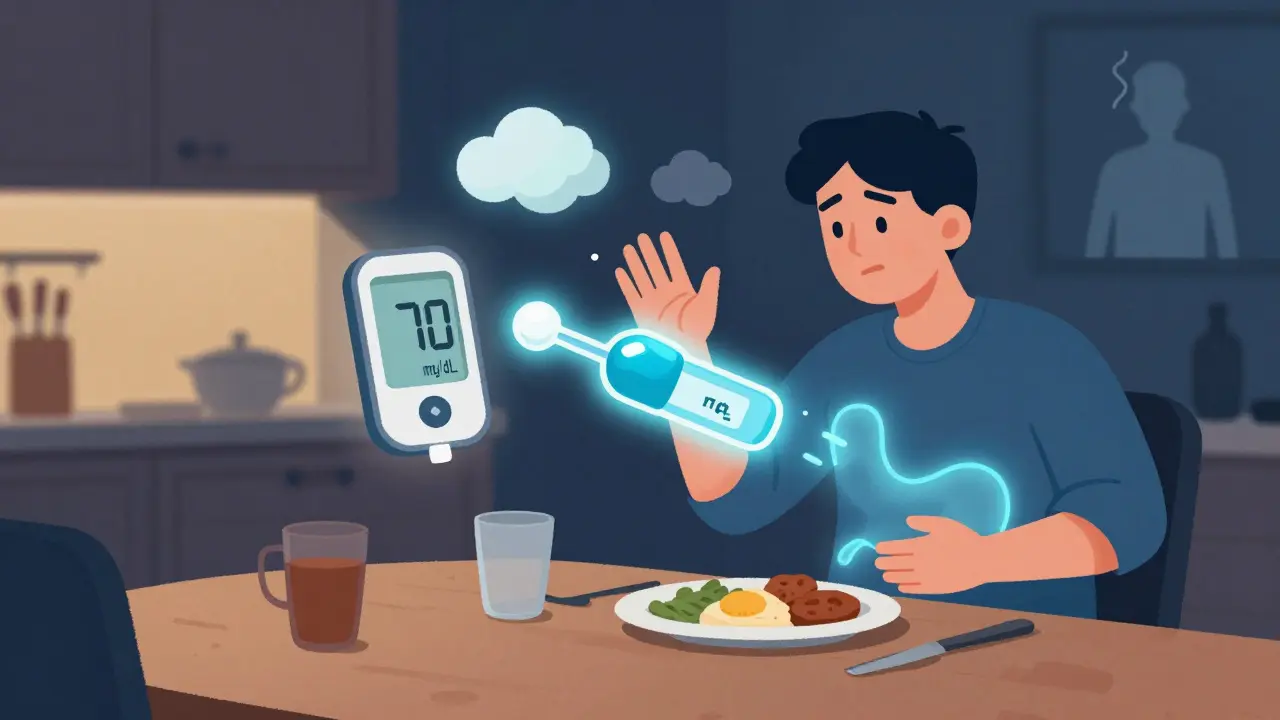 Person at dinner with insulin burst causing low blood sugar symptoms floating around.