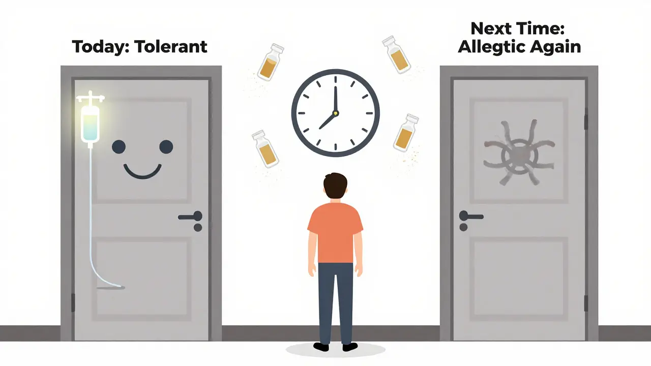 Person between two doors: one open showing tolerance, the other closed showing return of allergy, with fading dosage vials.